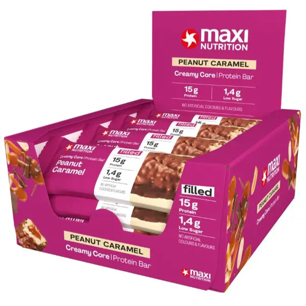 MaxiNutrition Creamy Core Protein Bar proteinová tyčinka s nízkým obsahem cukrů příchuť Peanut Caramel 12x45 g
