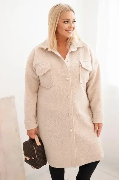 Kesi Włoski Dámský kabát Plus Size s vlnou na knoflíky s kapsami a límcem béžový