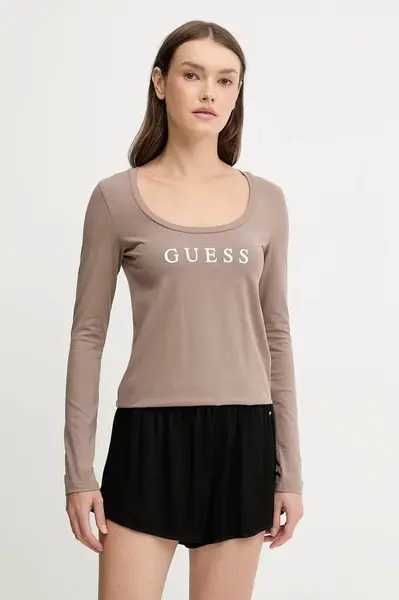 Tričko s dlouhým rukávem Guess NEW CARRIE hnědá barva, O5RI00 KBBU1