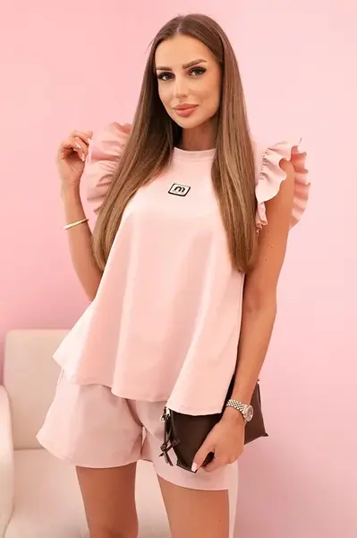 Kesi Włoski Dámský komplet s volánem – halenka s krátkým rukávem a šortky s gumičkou tmavě pudrově růžová