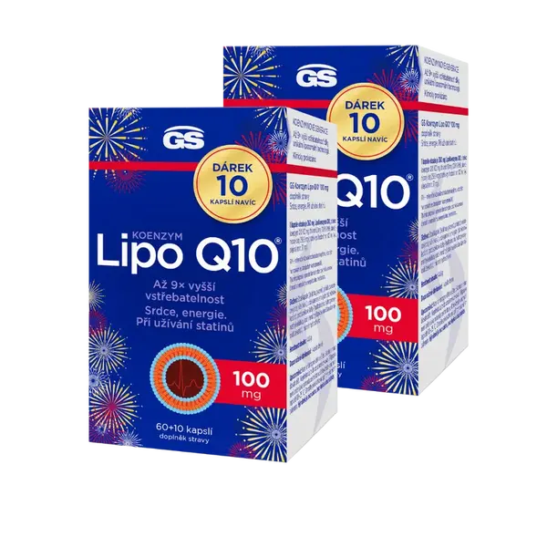 GS Koenzym Lipo Q10 100 mg, 2 × 60+10 kapslí NAVÍC, dárkové balení 2025