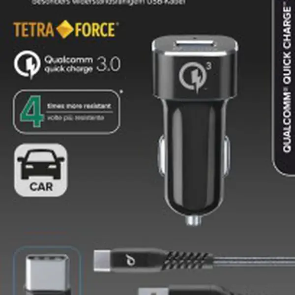 Set USB autonabíječky a USB-C kabelu Cellularline Tetra Force 18W, Qualcomm® Quick Charge 3.0, černý