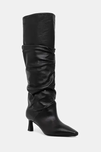 Kožené kozačky Pollini černá barva, na podpatku, SA26115M0NTE0000