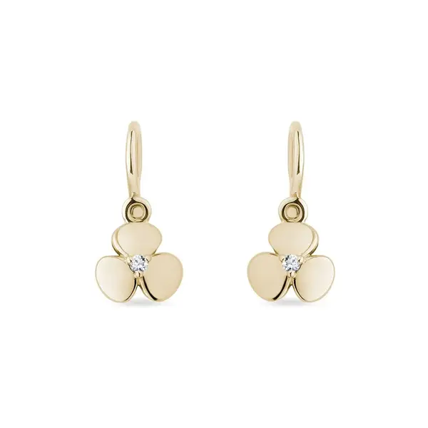Zlaté detské náušnice trojlístok s diamantmi KLENOTA