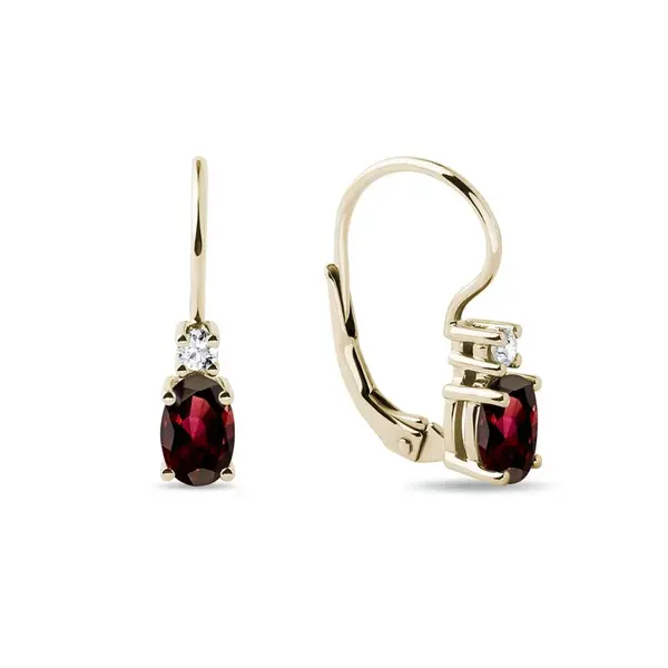 Zlaté visací náušnice s oválnými granáty a brilianty KLENOTA