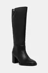 Kožené kozačky Tommy Hilfiger STACKED HEEL LEATHER LONG BOOT dámské, černá barva, na podpatku, FW0FW08865