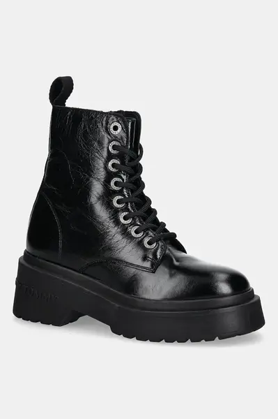 Kožené workery Tommy Jeans TJW CHUNKY SHINY LEATHER BOOT dámské, černá barva, na platformě, EN0EN02848