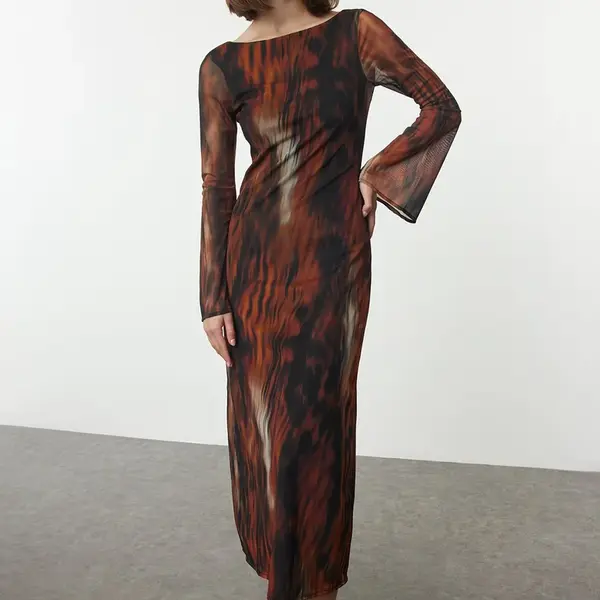 Trendyol Cinnamon Abstract Backless Tulle Boat Neck Flexible Maxi Knit Dress