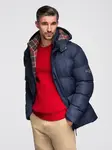 Ombre Men's puffer jacket with check lining - navy blue