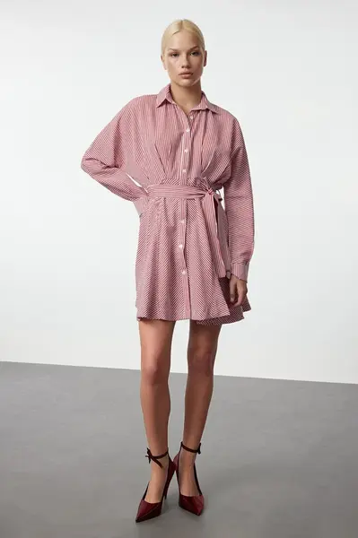 Trendyol Burgundy Belted Striped Mini Woven Shirt Dress