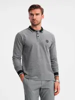 Ombre Men's melange polo longsleeve with embroidery - black melange