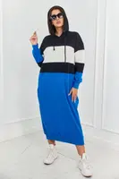 Tříbarevné šaty s kapucí černá + ecru + chrpa