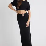 Trendyol Black Waist Buckle Detailed Flowy Fabric Midi Length Woven Skirt