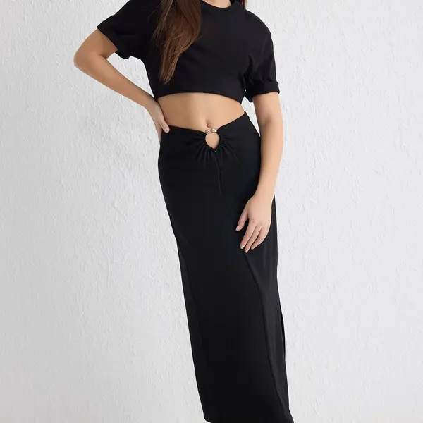 Trendyol Black Waist Buckle Detailed Flowy Fabric Midi Length Woven Skirt