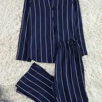 Trendyol Navy Blue Striped Slit Detailed Viscose Shirt-Pants Woven Pajama Set