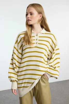 Trendyol Oil Green Striped Balloon Sleeve Polo Neck Knitted Sweater