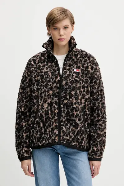 Fleecová mikina Tommy Jeans dámská, hnědá barva, hladká, DW0DW21596