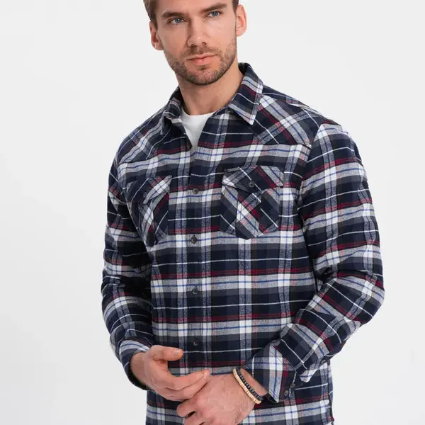 Ombre Men's checkered flannel shirt with pockets - navy blue and red