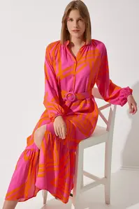 Happiness İstanbul Women's Orange Belted Oversize Summer Viscose Dress