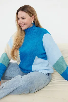 Trendyol Curve Blue Color Block Knit Sweater