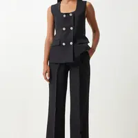 Happiness İstanbul Women's Black Square Collar Woven Vest Trousers Suit