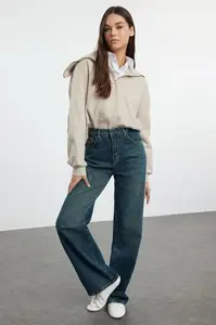 Trendyol Navy Blue High Waist Wide Leg Jeans