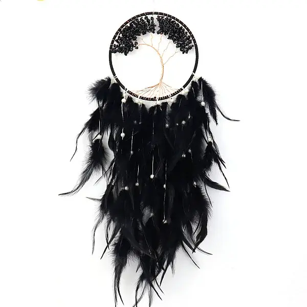 Tree of Life Wrapped Natural Black Quartz Chips Woven Web/Net with Feather Decorations