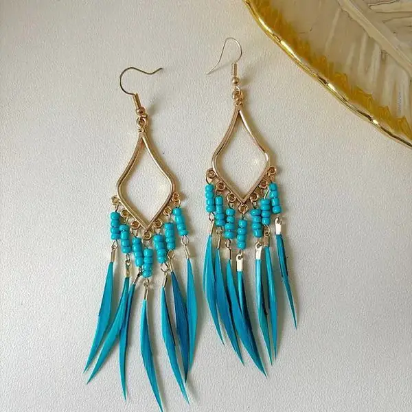 Bohemian Style Alloy Glass Seed Beaded Feather with Rhombus Chandelier Earrings