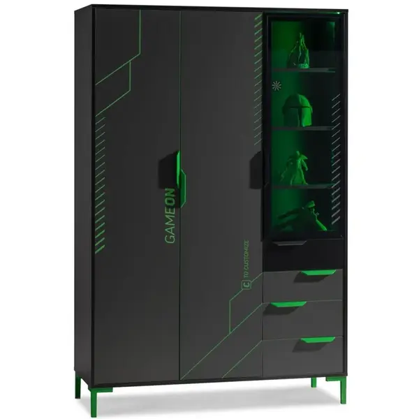 Třídveřová šatní skříň se skleněnou vitrínou diego - černá, zelená