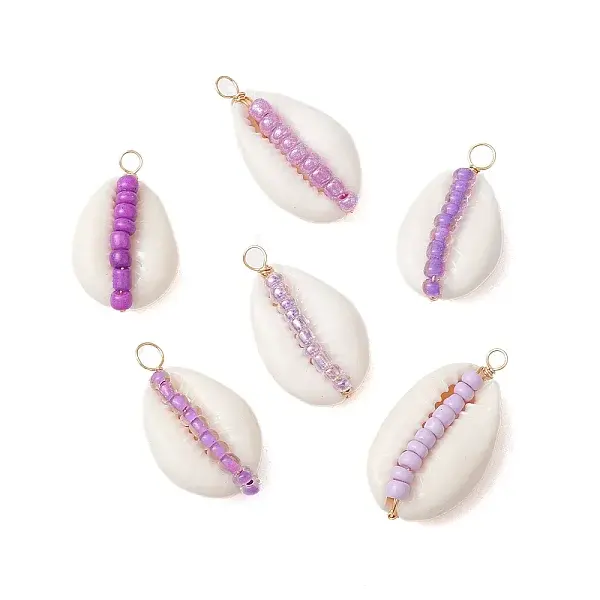6Pcs 6 Styles Natural Cowrie Shell & Glass Seed Beads Pendants