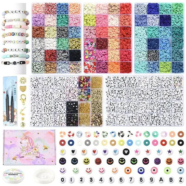 DIY Flat Round/Disc Handmade Polymer Clay Beaded Bracelets Jewelry Making Kits