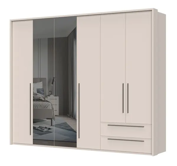 Šestidveřová šatní skříň baptiste se zásuvkami a zrcadlem - béžová