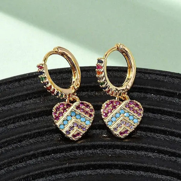Heart Brass Micro Pave Clear Cubic Zirconia Hoop Earrings