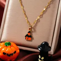 Halloween 304 Stainless Steel Dark Orange Enamel Haunted House Pendant Necklaces European American Fashion Jewelry