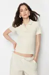 Trendyol Beige Polo Neck Buttoned Short Sleeve Stretchy Ribbed Knitted Blouse