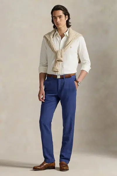 Lněné kalhoty Polo Ralph Lauren tmavomodrá barva, 710901796