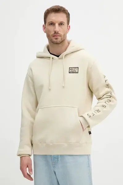 Mikina Alpha Industries pánská, béžová barva, s kapucí, s potiskem, 156340.300