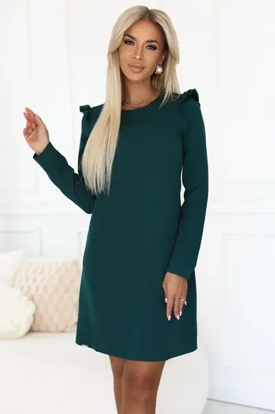 264-2 NELL Elegancka trapezowa sukienka z falbankami na ramionach - zieleń butelkowa
