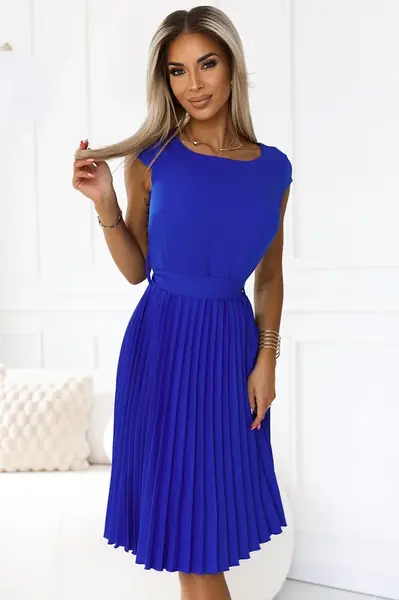 311-16 LILAC Pleated dress with short sleeves and belt - BLUE