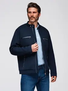 Ombre Men's biker jacket with collar and pockets - navy blue