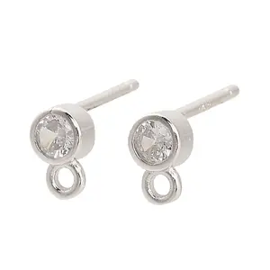 925 Sterling Silver Micro Pave Clear Cubic Zirconia Flat Round Stud Earrings Findings
