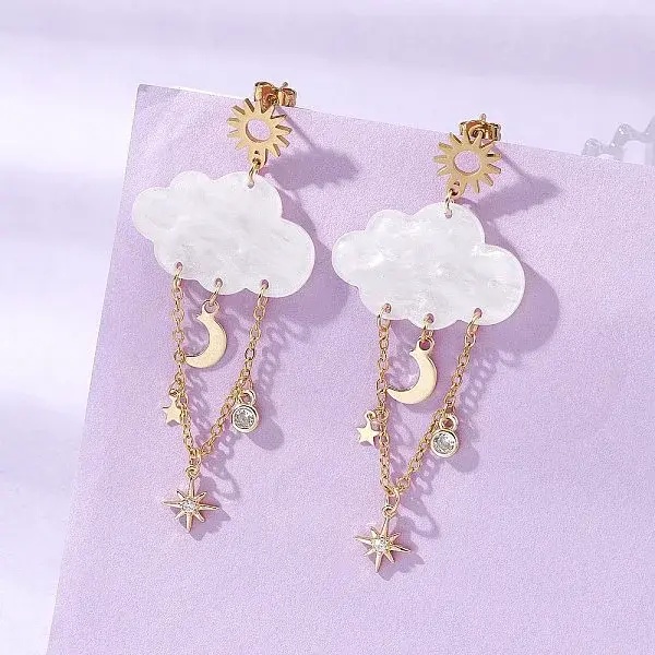 Acrylic Cloud with Moon Dangle Stud Earrings