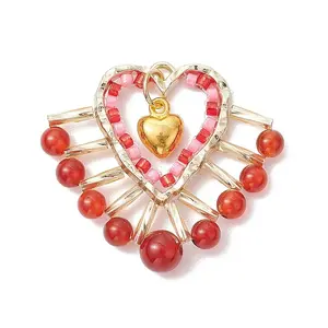 Natural Carnelian(Dyed & Heated) & Glass Seed Beads Pendants