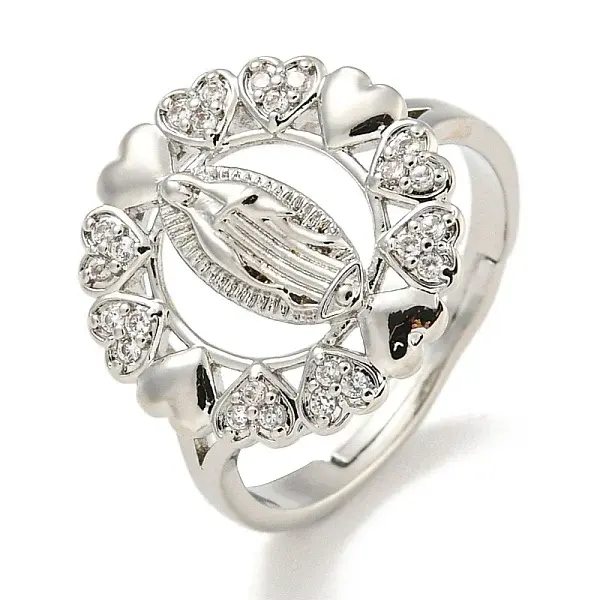 Flat Round with Saint & Heart Rack Plating Brass Micro Pave Cubic Zirconia Adjustable Rings