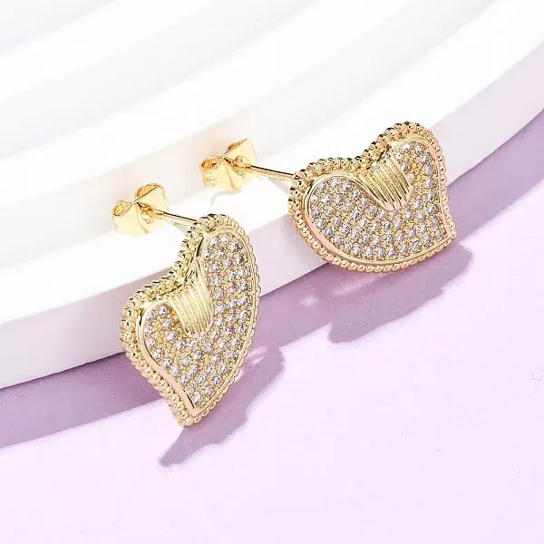 Heart Brass Micro Pave Cubic Zirconia Stud Earrings