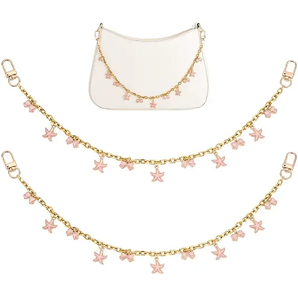 2Pcs Alloy Enamel Pink Bowknot Tassel 304 Stainless Steel Cable Chain Bag Decorative Chains