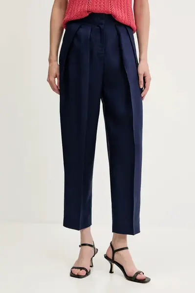 Kalhoty s příměsí lnu United Colors of Benetton dámské, tmavomodrá barva, high waist, 45BVDF09B