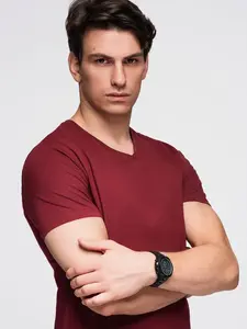 Ombre BASIC men's cotton classic tee shirt with a v-neck - maroon