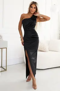 580-6 AURORA long satin one-shoulder dress with roses - black