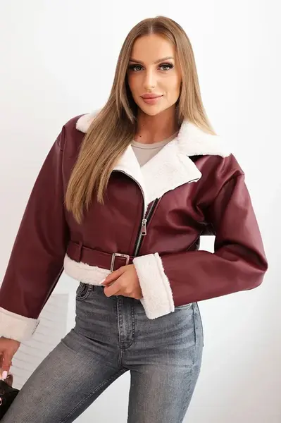 Kesi Włoski Dámská pilotka z ekokůže s kožichem a páskem bordová